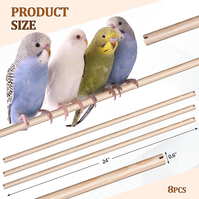 Sintuff 8 Pcs Bird Perches for Cage Accessories, Wooden Perch Rods Replacement with Double Head Slots, 0.6 Inch Diameter Natural Wood Stand for Parrot Macaw Cockatoo Parakeet(24 Inches)