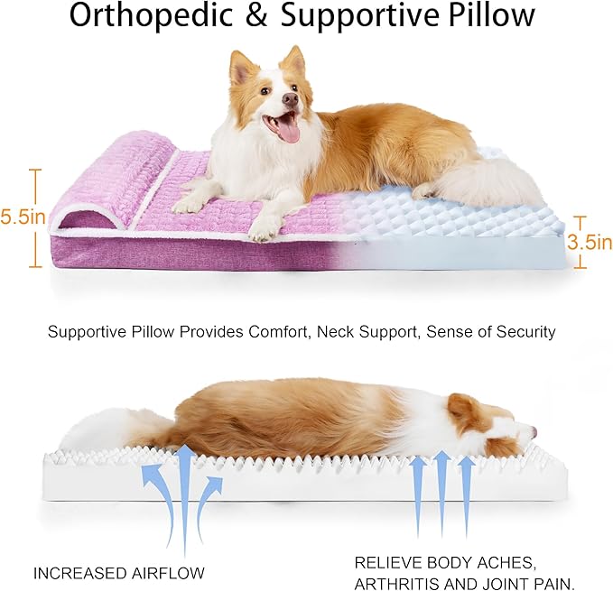 Orthopedic Dog Bed Medium Size Dog with Pillow 30''X20'', Waterproof Soft Comfortable Egg Crate Foam Pet Crate Beds Mat with Removable Washable Cover and Non-Slip Bottom, Lilac