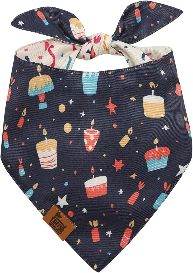 Birthday Dog Bandana for Medium Large Dog, Navy Blue Sprinkle Cake Design, Reversible Soft Breathable Adjustable Scarf Party Outfit Gift Boy Girl Accessory FW3