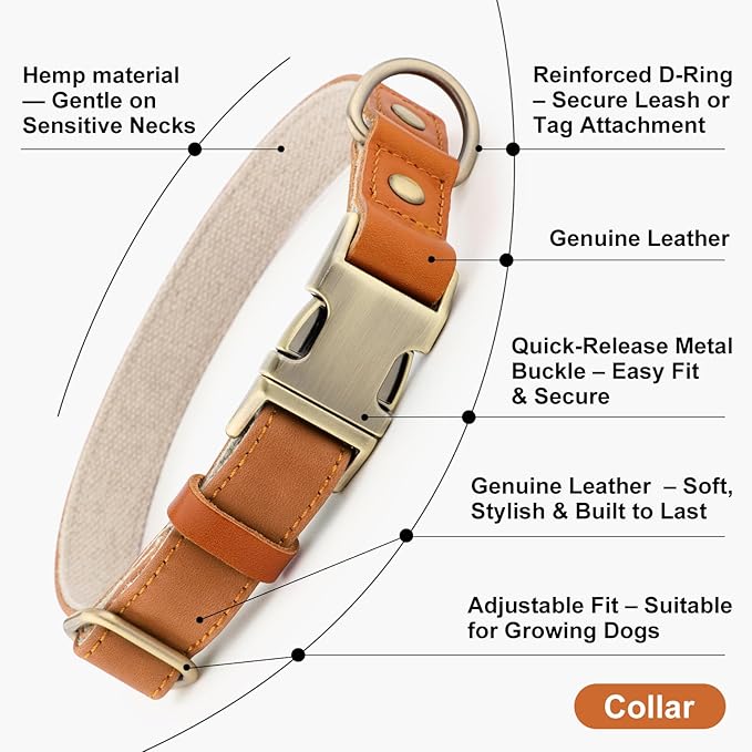 Plutus Pet Genuine Leather & Hemp Dog Collar – Adjustable Heavy Duty Pet Collar with Quick Release Metal Buckle, Soft & Stylish for Puppy and Small, Medium, Large Dogs (Light Brown, XS)