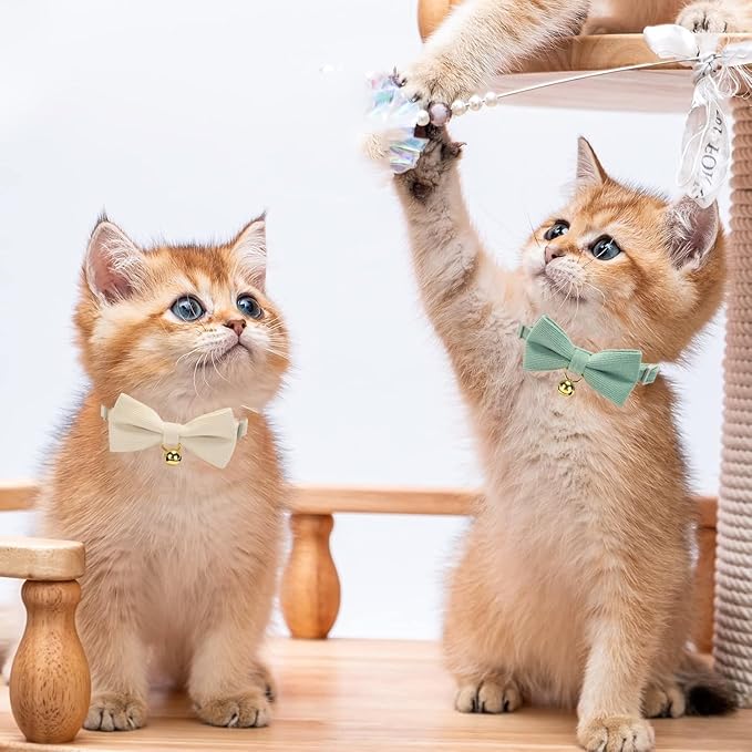 2 Pack Soft Corduroy Cat Collars with Bow Tie & Bell Adjustable Breakaway Bowtie Kitten Collar for Girl Boy Kittens(White & Grass Green)