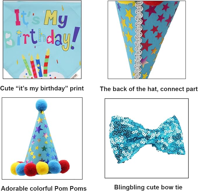 ADOGGYGO Dog Birthday Bandana Scarf and Blue Boy Pet Birthday Party Hat with Cute Bow Tie for Medium Large Dog Pet (Large)