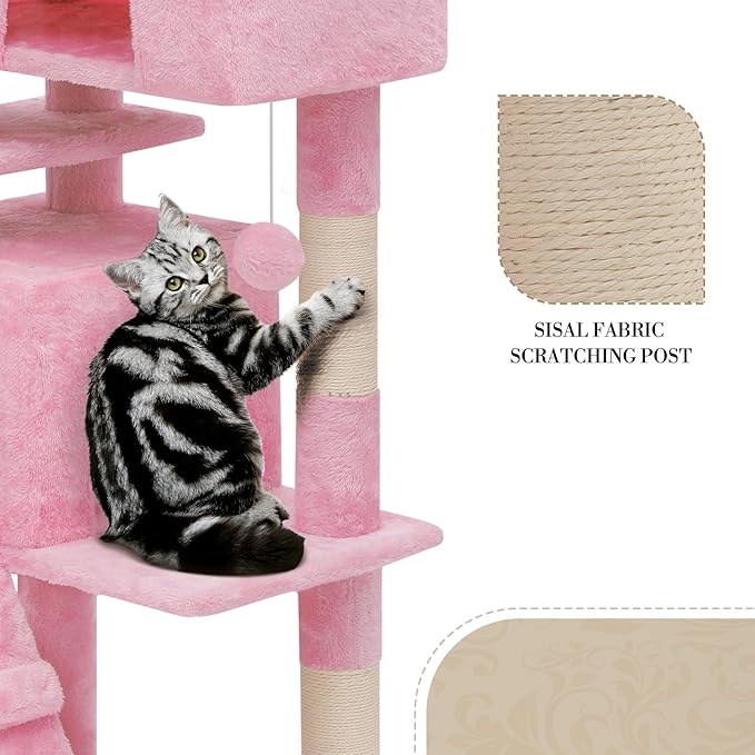 Athena Collection 54 Inch Cat Tree for Indoor Cats, Multi-Level Tower With 2 Condos, Scratching Post & Dangling Ball, Tall Climbing Center, Pink
