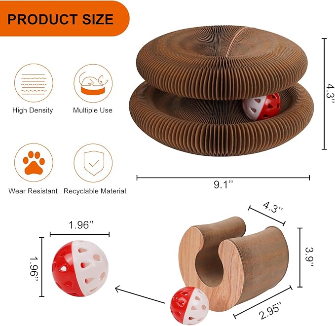 Magic Organ Cat Scratching Board with Bell-Ball, Durable Foldable & Reversible Infinity Style Interactive Kitty Kurlz Cat Scratcher for Indoor Cats Toy, Furniture Protector, Kitten Cats Accordion Toy
