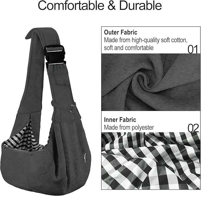 PETLOFT Reversible Dog Cat Sling Carrier, Small Carrier, Adjustable Sling, Hands Free Cross Body Carrier with Collar Hook for Dog/Cat/Bunny up to 11lb (Dark Grey)