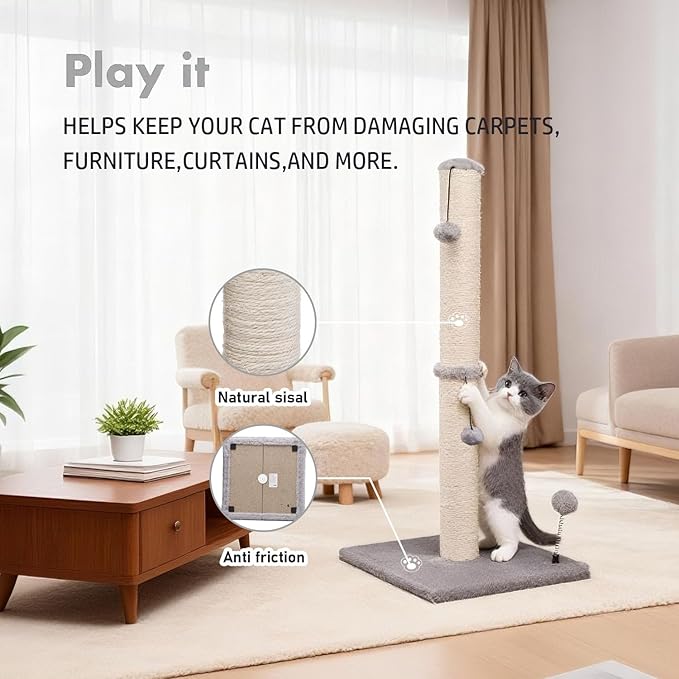 MECOOL 34“ Tall Cat Scratching Post Premium Basics Kitten Scratcher Sisal Scratch Posts Trees with Hanging Ball for Indoor Cats, Gray