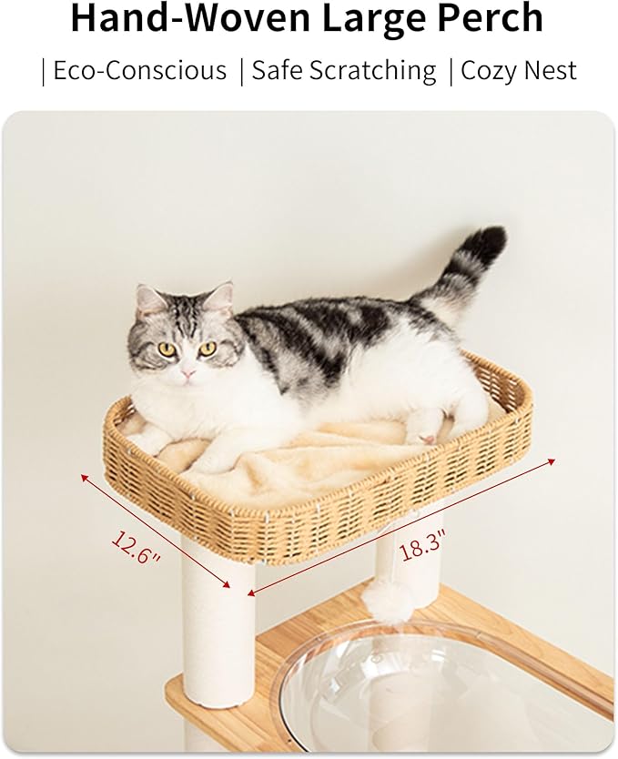 Wood Cat Tree for Large Cats, Modern Cat Tree Tower with Wide Shelves Cotton Scratching Posts, Super Sturdy Base, Cozy Perches, and Interactive Toys for Indoor Kittens