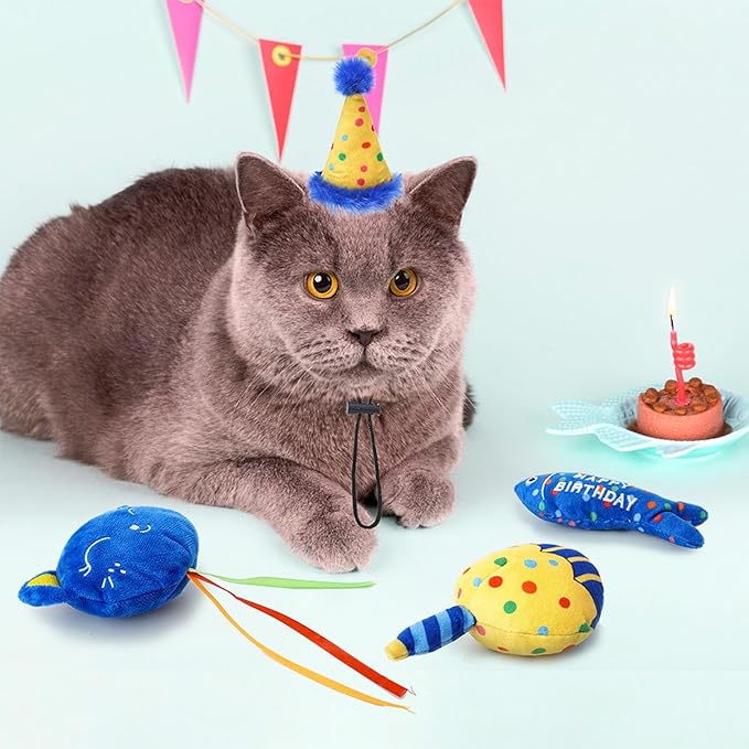 BINGPET Cat Birthday Catnip Toys for Indoor Cats, 5 Pcs Cat Birthday Gift Kitten Interactive Toy for Boy Girl Cats, Soft Plush Catmint Kitty Chew Kick Toy, Hat, Bandana, Balloon, Cake, Fish, Dark Blue