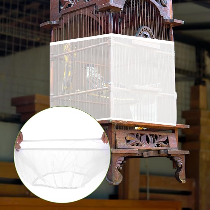 Universal Bird Cage Cover Skirt - Adjustable Soft Airy Nylon Mesh Net, Seed Catcher, Guard for Parrot, Parakeet, Macaw - Round & Square Cages (White)