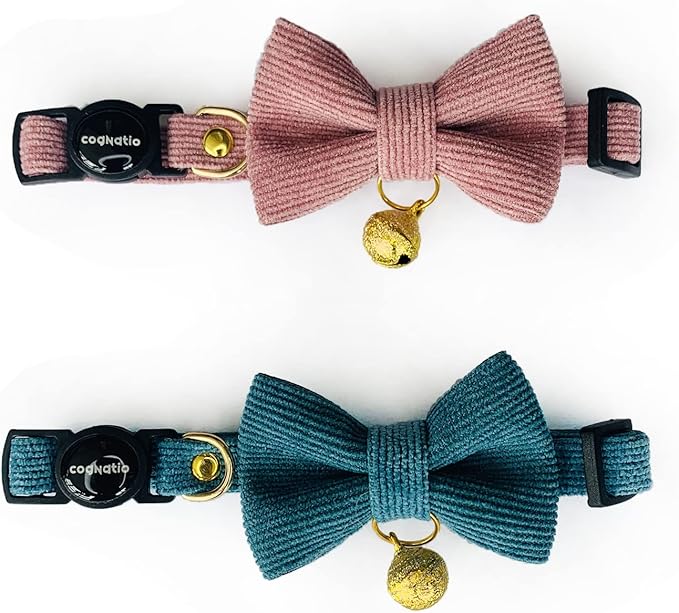 Safety Quick Release Cat Collars, Soft Kitten Collars with Detachable Bow Tie and Bell, Pack of 2, Adjustable 20-30 cm (20-30cm, Carolline+Steel Blue)
