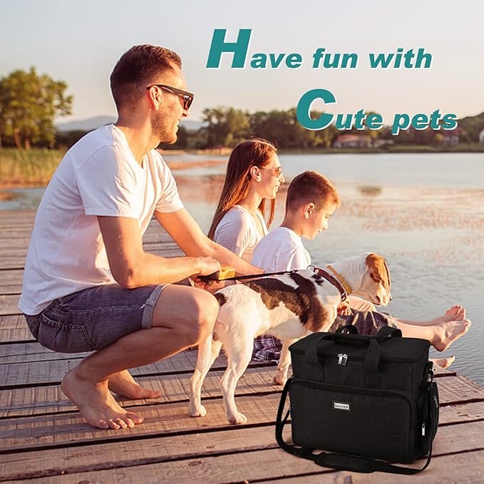 BAGLHER Dog Travel Bag, Airline Approved Pet Tote Organizer with Multi-Function Pockets, 2 Food Storage Containers and 2 Collapsible Dog Bowls, Perfect Weekend Pet Travel Set, Black