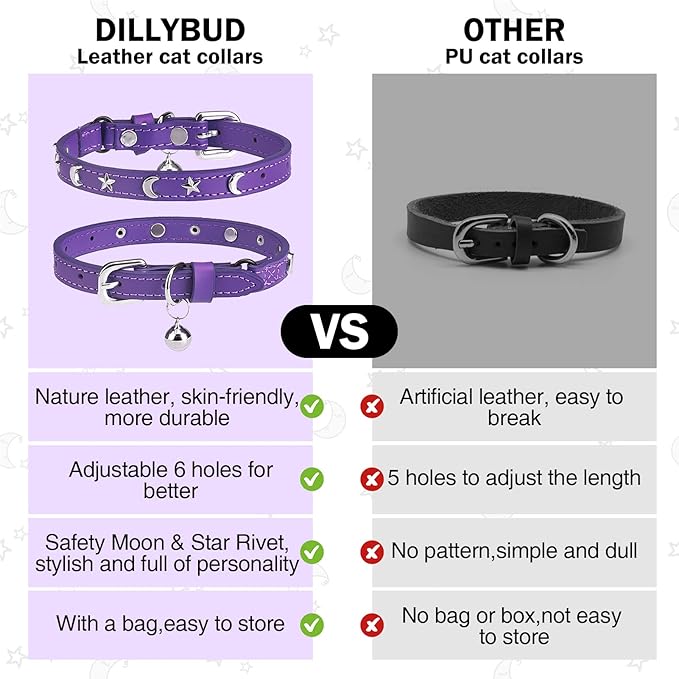 Leather Cat Collars for Boy Girl Cats with Bell and Safety Elastic Belt, Personalized Star and Moon Stud Adjustable Safe Buckle Collar for Kitty Small Big Cats Size 8-12 Inch, Purple