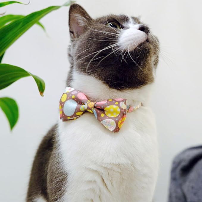 2 Pack Easter Day Cat Collar with Bow Tie, Holiday Spring Easter Eggs Collar for Boys and Girls Male Female Kitty Kittens