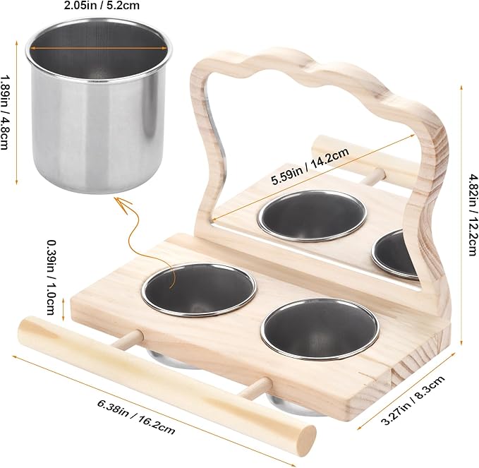 Feeder with Acrylic Mirror & Stainless Steel Bowls, Natural Wood Perch, Cage Accessories, Parakeet Cage Accessories, Tool-Free Adjustable Supplies for Parakeet Cockatiel Lovebird