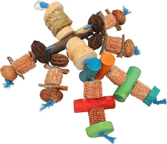 Parrot Chew Toy, Wood, Corn Cob and Nut, Non Edible Coloring, Beak Health, Foraging Toy for Macaws, Conures, Amazons