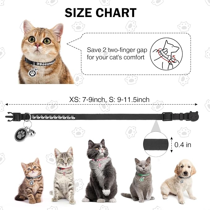 Leather Personalized Breakaway Cat Collar with Studded Bell and Safety Quick Release Buckle - Rivets Studded ID DIY Collars for Boy Girl Cats Kittens, Black XS