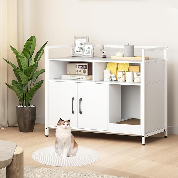 Giantex Cat Litter Box Enclosure - Cat Washroom Hidden Furniture with Front Entry, Scratcher, 2-Door Storage Cabinet, 2 Compartments, Air Vents, Metal Frame, Wooden Pet Crate House (White)