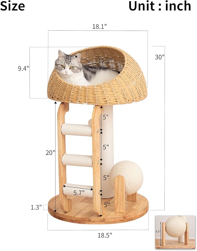 Wood Cat Tree for Large Cats, Modern Cat Tree Tower with Wide Shelves Cotton Scratching Posts, Super Sturdy Base, Cozy Perches, and Interactive Toys for Indoor Kittens