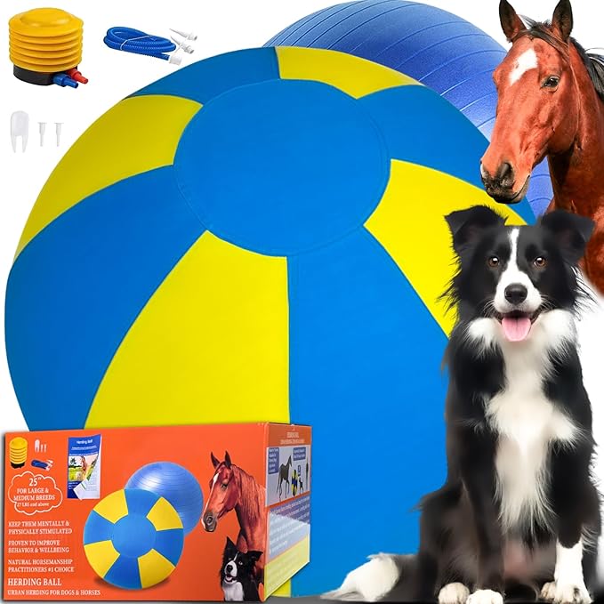 Herding Ball for Dogs, Dual Layered Set for Australian Shepherd, Cattle, Collie, Agility Equipment-Free Training Book (Blue & Yellow, Large-25 Herding Ball Set)
