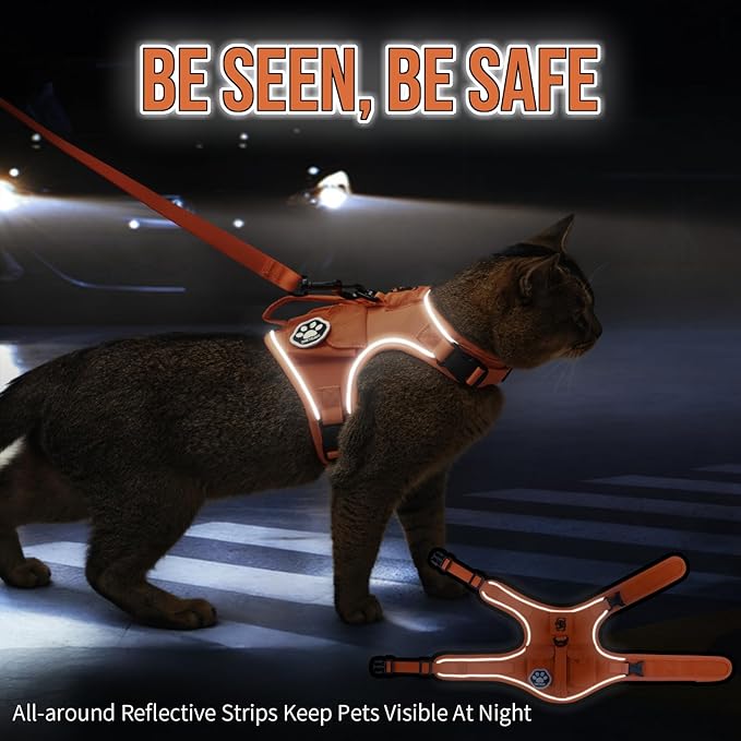 OneTigris Cat Harness and Leash - Escape Proof Soft Adjustable Kitten Harness, Breathable, Comfortable, Durable Water-Resistant Tactical Vest with Reflective Strips and Pocket for Cat Tracker