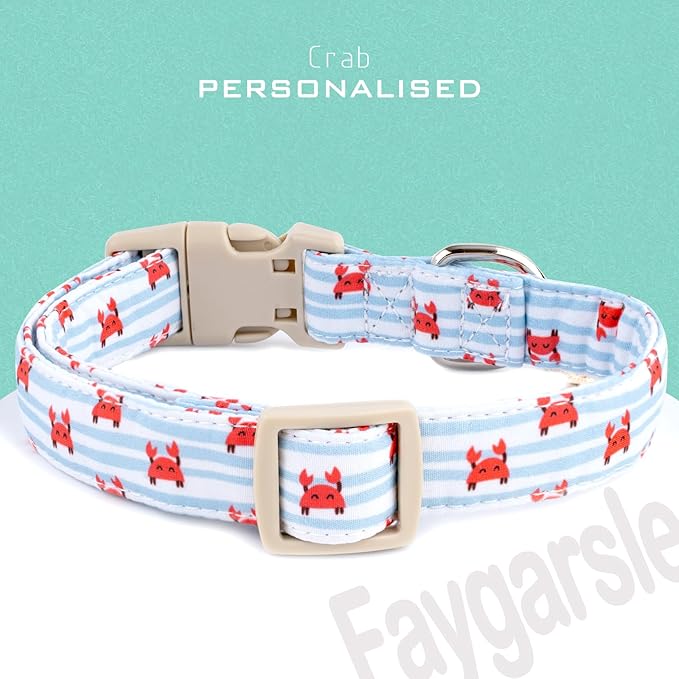 Faygarsle Cute Crab Pattern Dog Collar, Cotton Fabric, Light Blue Stripes, for Small Medium Large Dogs S