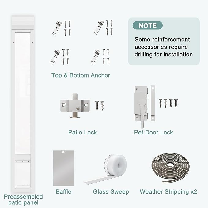 Doggie Door Insert for Sliding Glass Doors, Adjustable Height 76 1/8"-80 7/8" Aluminum Frame Tempered Glass with Lock, 7"x11" Medium Transparent Flap for Large Dogs