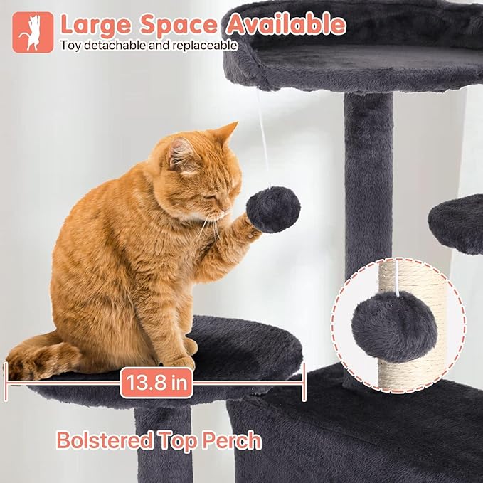Large Cat Tree with Scratching Post, 54in, Wooden Frame, Sisal Ropes, 3 Platforms, 2 Hanging Balls, 2 Cushions, Light Gray