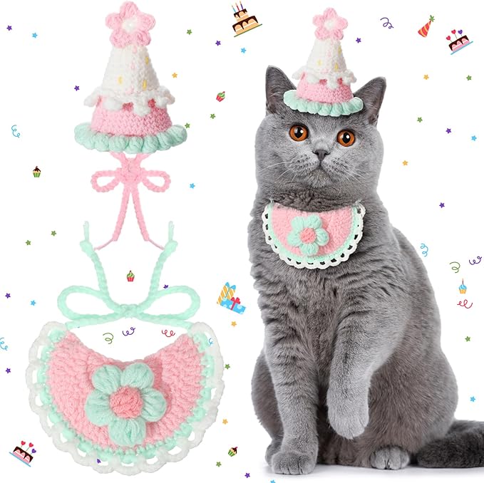 Sanwuta 2 Pcs Cat Birthday Party Supplies, Knit Cat Hat Kitten Birthday Bib Knit Bandana Pet Party Costume Headwear Accessories for Puppy Kitten Small Dogs Animals(Pink)
