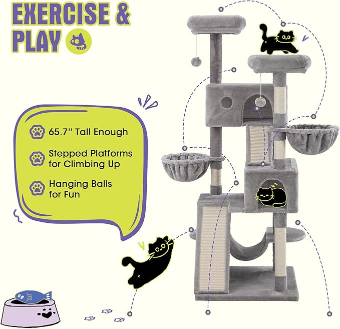 WEEWAY Cat Tree Tower for Indoor Cats,65'' Multi-Level Cat Furniture Activity Center,Stand House Condo Cave,Sisal Scratching Posts Ramps,Plush Perches Platforms Basket Hammock,Grey