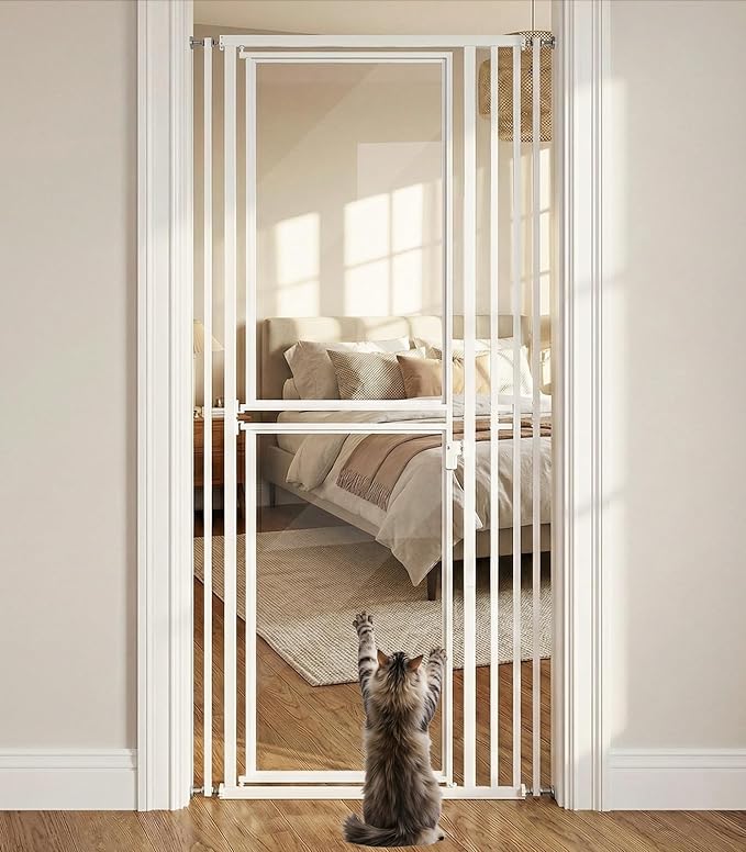 78.7" Extra Tall Cat Gate, Adjustable 27.5"-37.4" Wide Pet Proof Safety Gate, NO Drilling Pressure Mount Dog Gate, Transparent Full Door Pet Gate for Stairs/Studio/Kitchen, White
