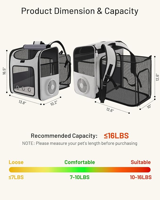 Cat Backpack Carrier with Built-in Cooling Fan & Heating Pad, Expandable Pet Backpack for Cats and Small Dogs up to 16 lbs, Ventilated Travel Carrier for Hiking, Walking & Outdoor, Grey