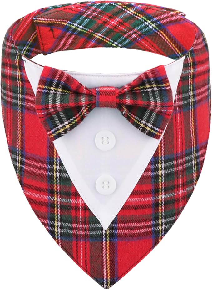 ADOGGYGO Christmas Dog Tuxedo Bandana, Red Plaid Pet Chritstmas Collar with Bowtie, Adjustable Christmas Costume for Small Dogs Pets (S)