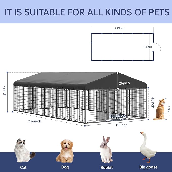 Large Outdoor Dog Enclosure,Heavy Duty Dog Cage with Roof,Galvanized Steel Dog Kennel Fence with Double Safety Locks(19.68'x 9.84')