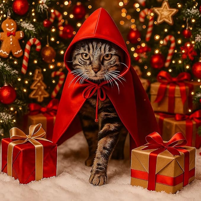 Red Cat Cloak with Hood for Indoor Cats, Funny Superhero Cosplay Halloween Costume for Pets, Cute Cape for Party Photos and Dress-Up – Big/Middle Size