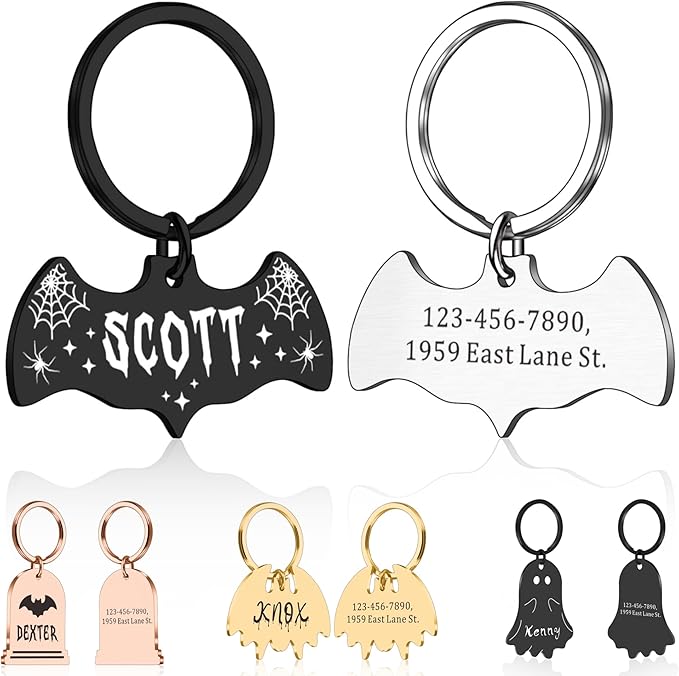Bat Dog Tag, Halloween Personalized Dog Tags for Pets, Customized Pet ID Tag for Black Cat, Witch Friendly Cat Tags, Funny Spooky Dog Name Tag, Stainless Steel Dog ID Tag Engraved on Both Sides