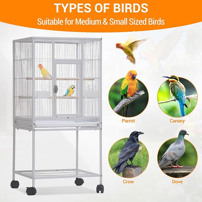 52'' Wrought Iron Birdcage with Detachable Rolling Stand & Feeder, Large Bird Cage with Secure Lock & Slide-Out Tray, Indoor Outdoor Bird Cage on Wheels,Parrot Cages for Parakeets, Pigeons, White