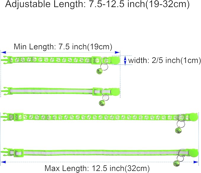 2 Pack Breakaway Cat Collars with Bells, Reflective Design and Claw Print Design, Safety Buckle, Adjustable 7.5-12.5 Inches for Kittens & Cats (Fluorescent Green)