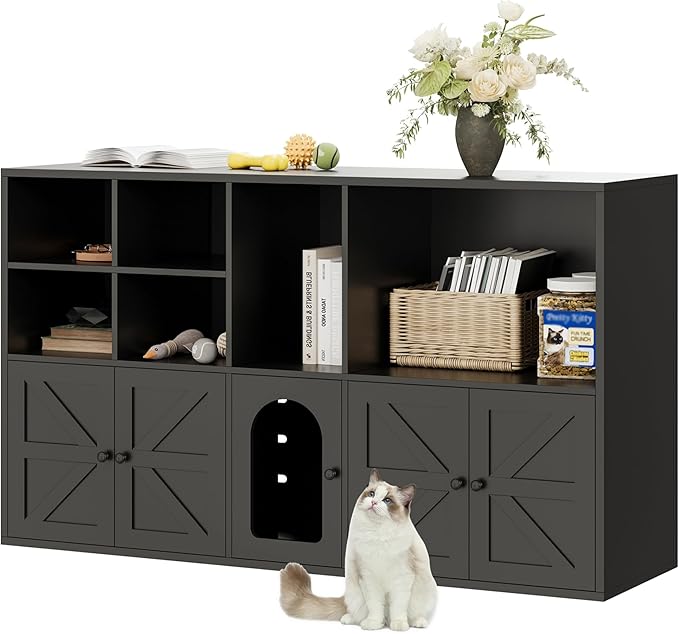 IRONCK Cat Litter Box Enclosure for 2 Cats, Litter Box Furniture Hidden with Double Room and Large Storage Space, Wooden Washroom Furniture, Cat House, Black