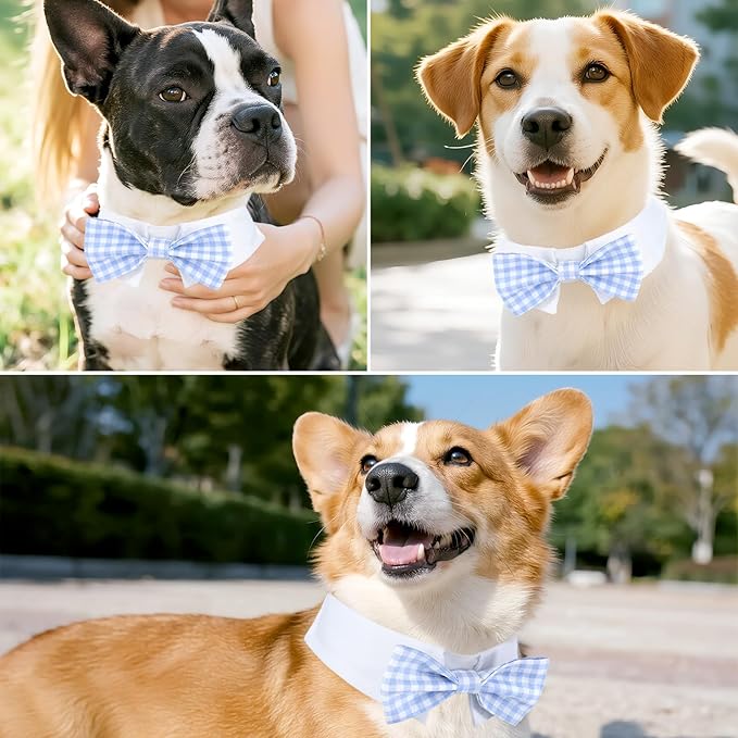 Segarty Dog Bow Tie for Neck Girth 10.2-12.6in, Adjustable Light Blue Plaid Bowtie Collar, Medium Pet Necktie Tuxedo Comfortable Cotton Boy Pets Grooming Accessories for Wedding Holiday Birthday Party