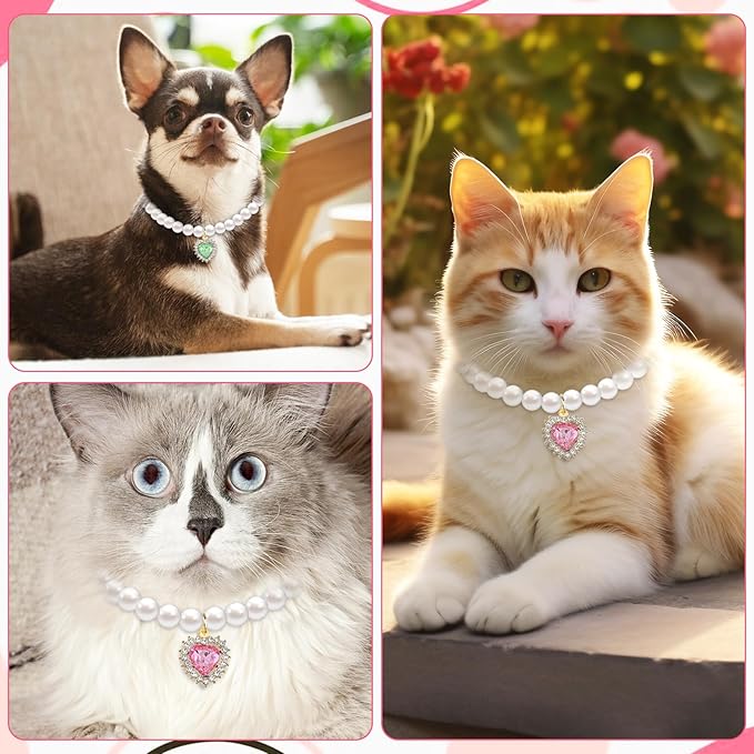 2PCS Kitten Collars Pearl Cat Dog Collar with Small Heart Shape Rhinestone, Cat Collars for Girl Cats, Adjustable Dog Pearl Necklace Collar for Small Dogs and Cats, Pink + Green