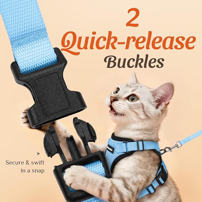 Dooradar Cat Harness and Leash Set, Escape Proof Safe Adjustable Kitten Vest Harnesses for Walking, Easy Control Soft Breathable Mesh Jacket with Reflective Strips for Cats, Light Blue, M