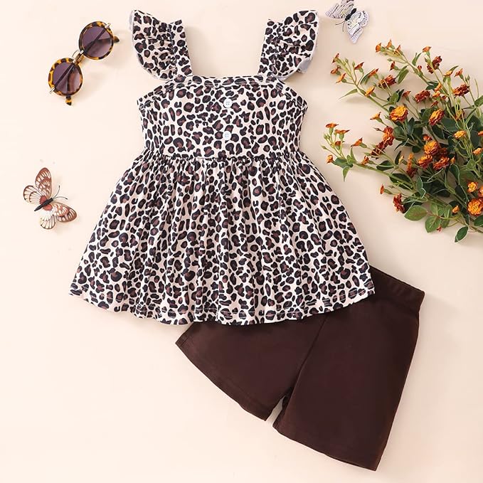 Toddler Baby Girls Summer Clothes Outfits Ruffled Sleeve Dinosaur Shirt Leopard Tops and Shorts Pants Sets 2PCS