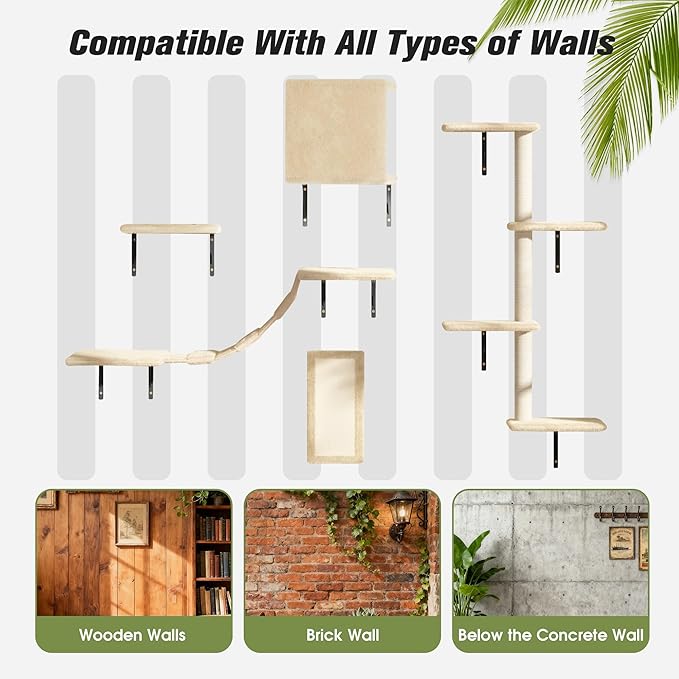 COZIWOW Wall Mounted Cat Furniture, Cat Wall Shelves and Perches, Floating Cat Shelves for Wall Set of 5(Beige)