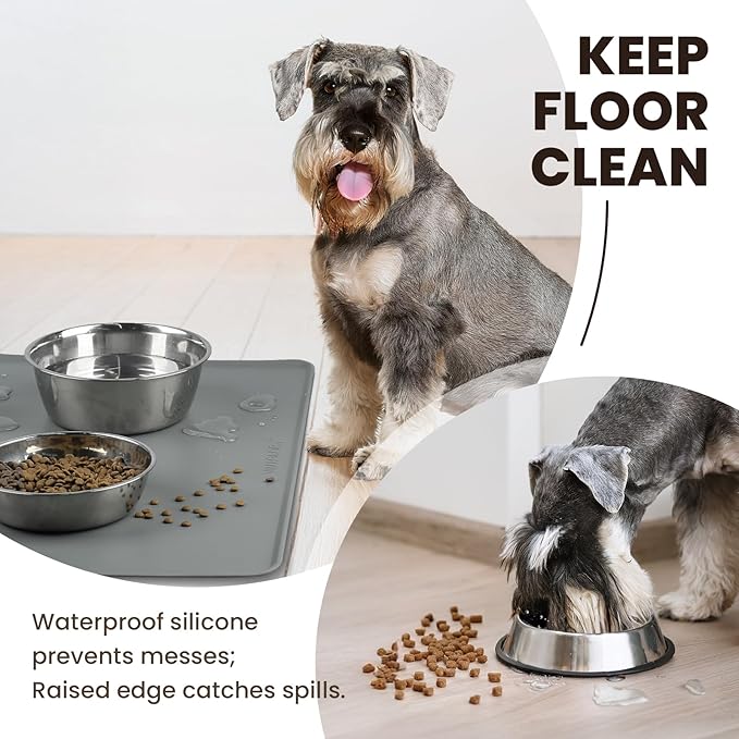 VIVAGLORY Dog Food Mat Flexmat Dog Bowl Mat, Placemat Food Tray with Raised Edges & Lip for Indoor Floor, Non Slip Waterproof Silicone Dish Placemat for Cat & Pet, L, Grey
