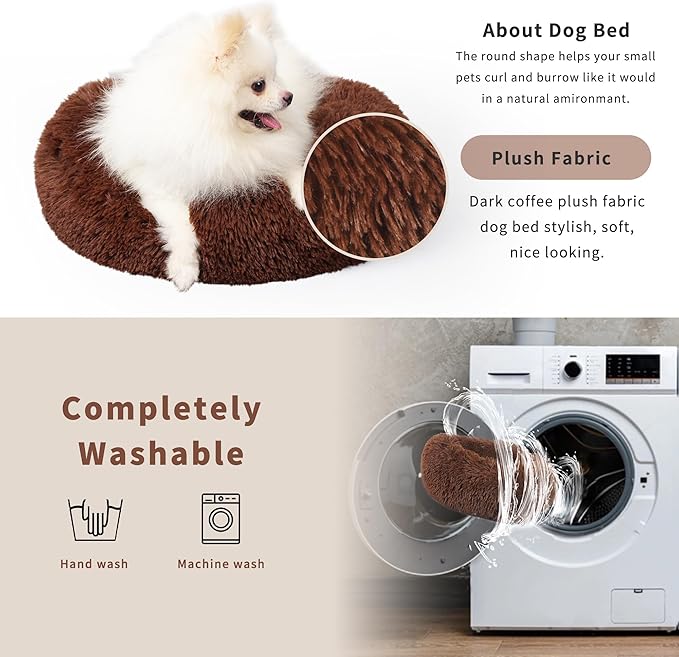 Calming Donut Dogs Beds for Small Dogs Washable,19inch Fluffy Round Puppy Bed for Puppies,Cats & Toy Breeds with Raised Rim,Fits up to 15 lbs Pets,Chocolate Brown