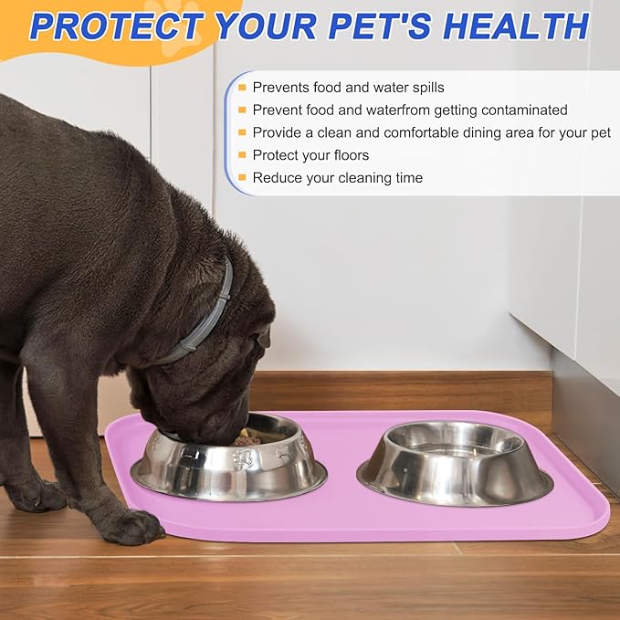 Silicone Pet Feeding Mat with Raised Edge for Food and Water, Dog Bowl Mats, Cat Bowls Placemat with High Lip for Floor Waterproof, Rubber Tray for Cats and Dogs 22 x 14 x0.8 Light Pink