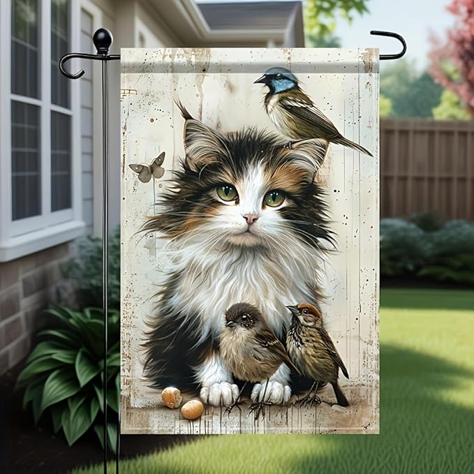 Cat and Birds Garden Flag 12x18 Inch Double Sided Outdoor Yard Banner Fluffy Kitten with Songbirds Design for Spring Summer Porch Lawn Home Decoration