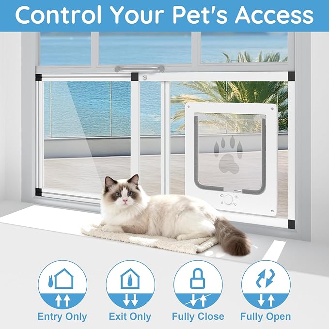 Sliding Cat Door for Window, Fits 32"-37" Width Window, 2-Min Install | Aluminum Frame + HD Glass | Weatherproof Design | Magnetic Closure Window Cat Door Insert, Adjustable Pet Door Window for Cats
