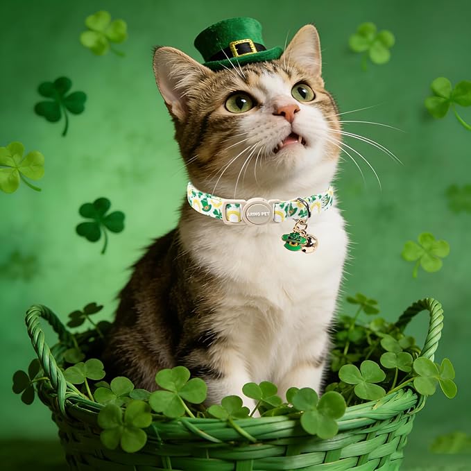 ARING PET 2 Pack St Patrick's Day Cat Collar, Breakaway Kitten Small Cute Green Lucky Clover Shamrock Collars with Bells for Girl Boy Cats