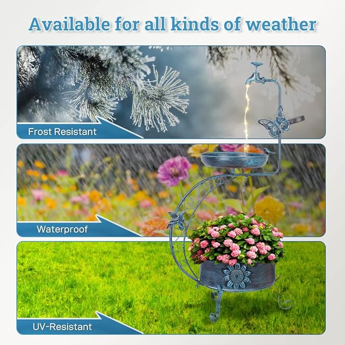 VEWOGARDEN Vintage Solar Bird Bath for Outside Garden with Planter, Outdoor Metal Standing Birdbath for Garden Yard Patio Decoration, Blue